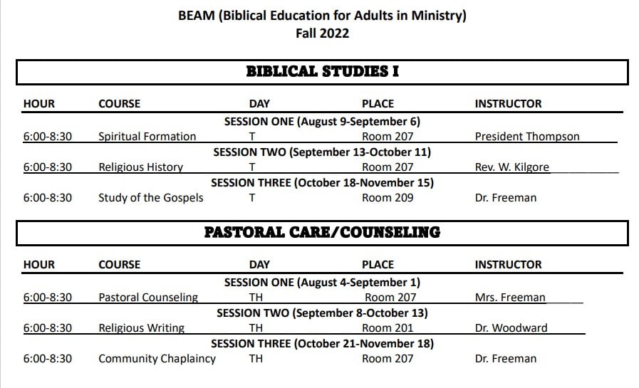 2022 Fall Schedule BEAM