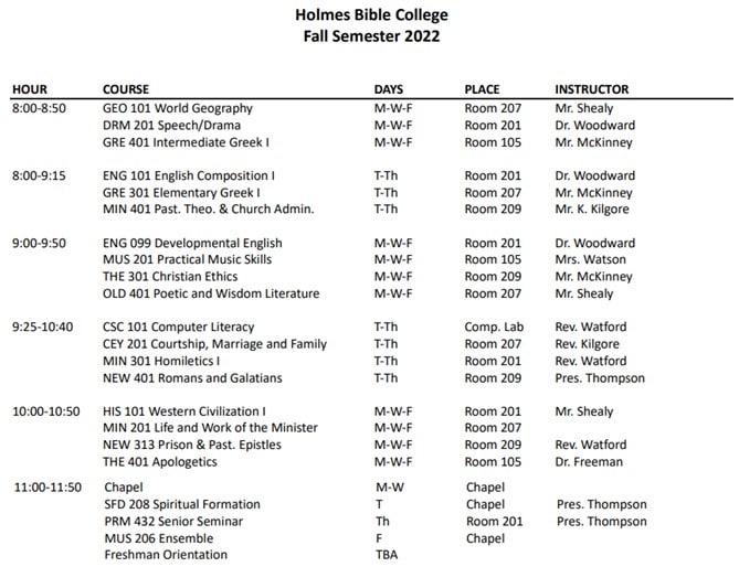 Spring 2020 Class Schedule | Holmes Bible College