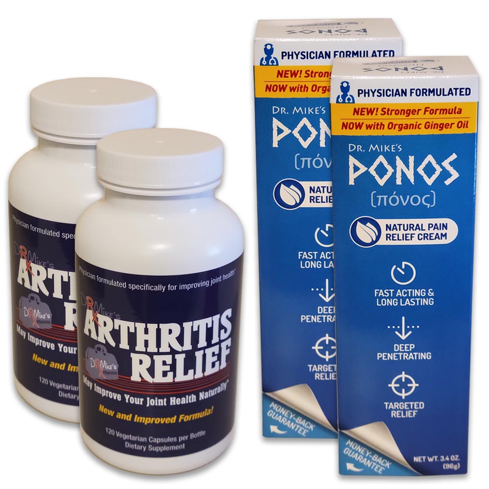 two bottles of arthritis relief and two tubes of ponos pain relief cream